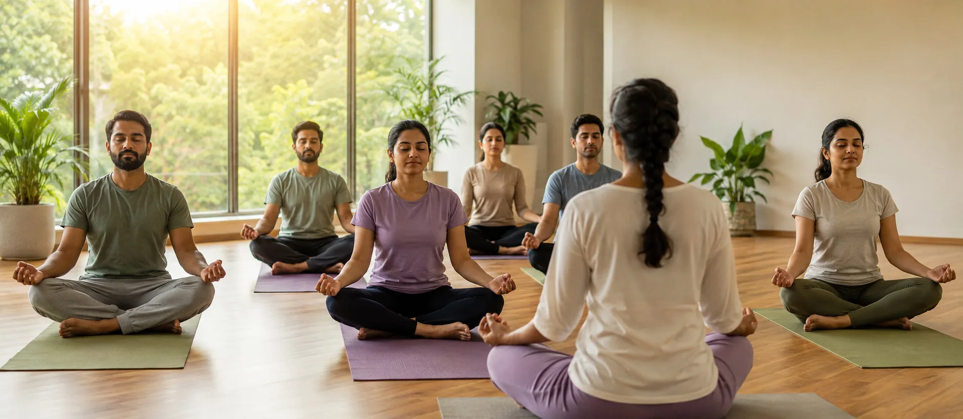 Guided group meditation in a calm indoor studio.