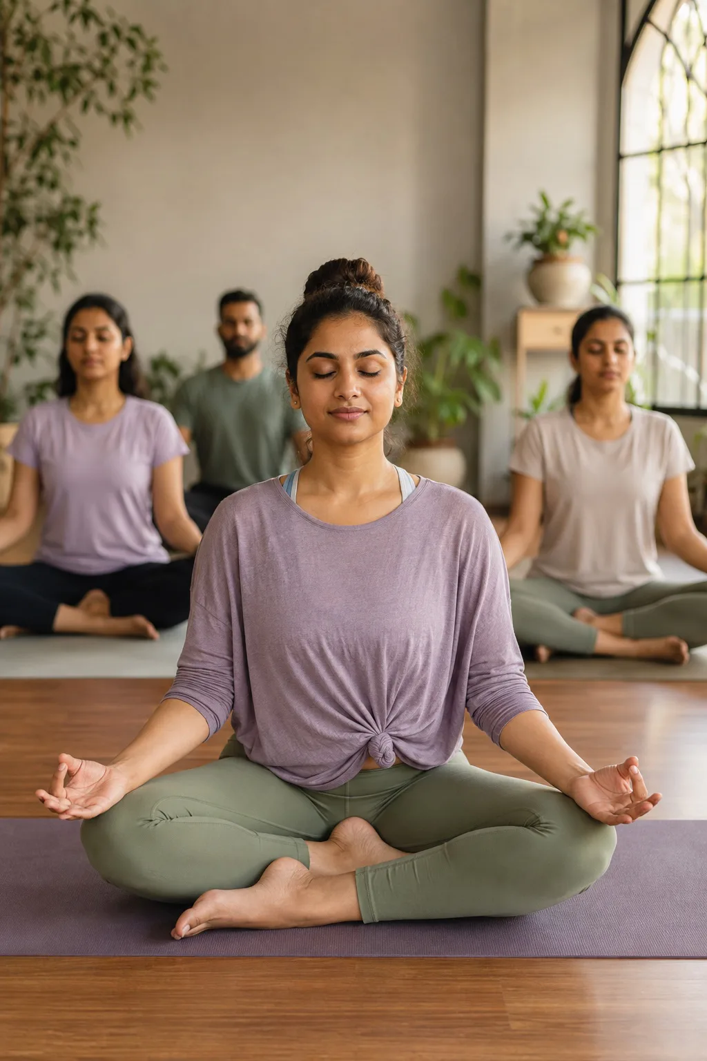 Instructor-led mindful breathing and meditation session.