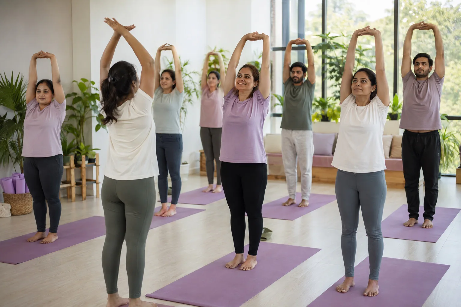 Participants practising gentle morning yoga stretches.