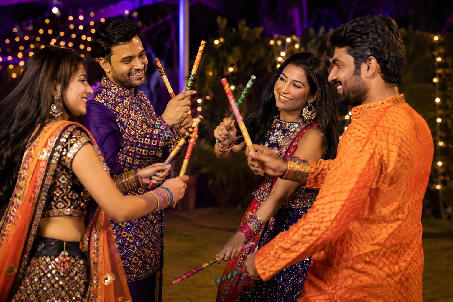 Promotional concept image: Dandiya dancers in festive traditional attire.