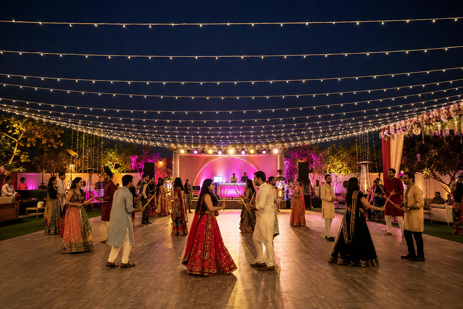 Promotional concept image: decorated garden dance floor and DJ stage.